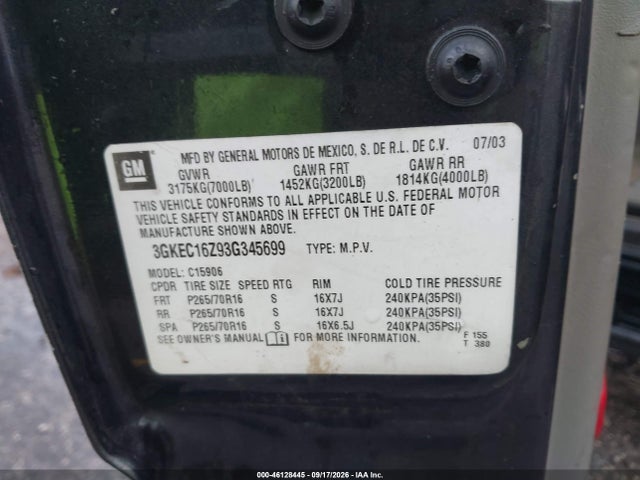46128445 :رقم المزاد ، 3GKEC16Z93G345699 vin ، 2003 Gmc Yukon Xl 1500 Sle مزاد بيع