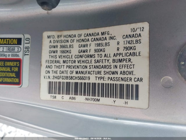 Продаж на аукціоні авто 2012 Honda Civic Lx, vin: 2HGFG3B58CH566019, номер лоту: 46128453