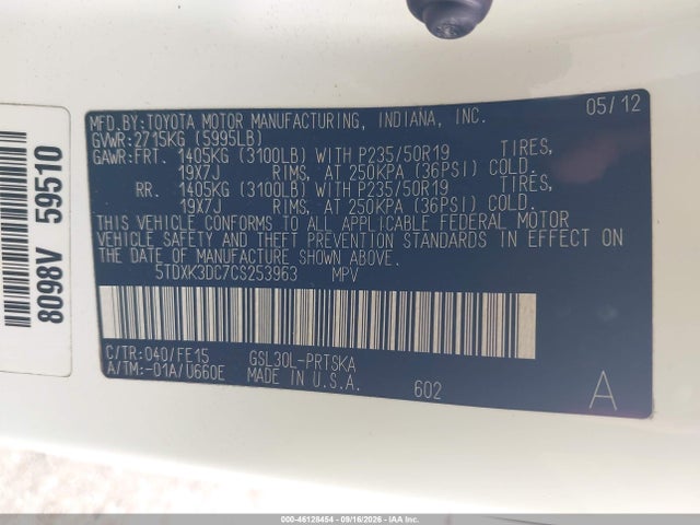 Продажа на аукционе авто 2012 Toyota Sienna Se 8 Passenger, vin: 5TDXK3DC7CS253963, номер лота: 46128454