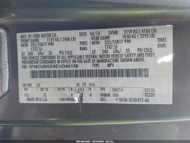 Продаж на аукціоні авто 2014 Ford Escape Se, vin: 1FMCU9GX9EUD45158, номер лоту: 46128457