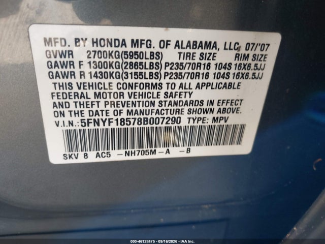 Продажа на аукционе авто 2008 Honda Pilot Ex-l, vin: 5FNYF18578B007290, номер лота: 46128475