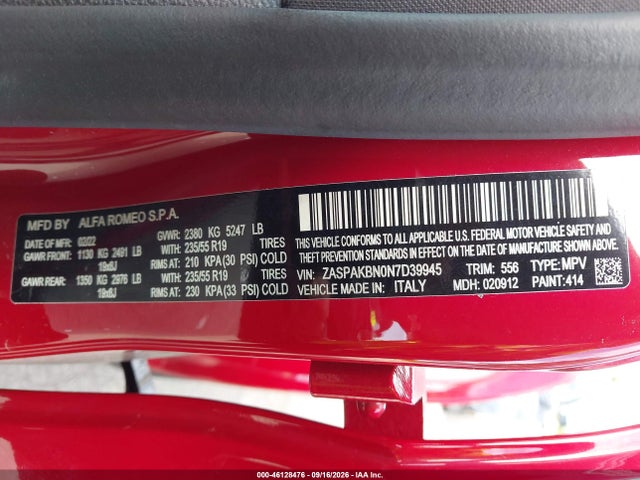 Aukcja sprzedaży 2022 Alfa Romeo Stelvio Ti Awd, vin: ZASPAKBN0N7D39945, numer aukcji: 46128476