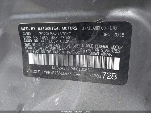 Aukcja sprzedaży 2017 Mitsubishi Mirage Es, vin: ML32A3HJ7HH018063, numer aukcji: 46128480