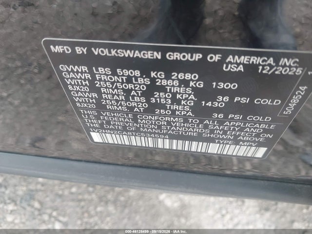 46128499 :رقم المزاد ، 1V2HN2CA8TC534594 vin ، 2026 Volkswagen Atlas Se مزاد بيع