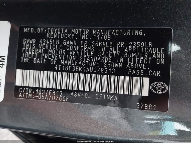 46128502 :رقم المزاد ، 4T1BF3EK1AU078313 vin ، 2010 Toyota Camry Le مزاد بيع