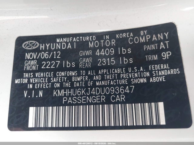 Aukcja sprzedaży 2013 Hyundai Genesis 3.8 Track, vin: KMHHU6KJ4DU093647, numer aukcji: 46128512