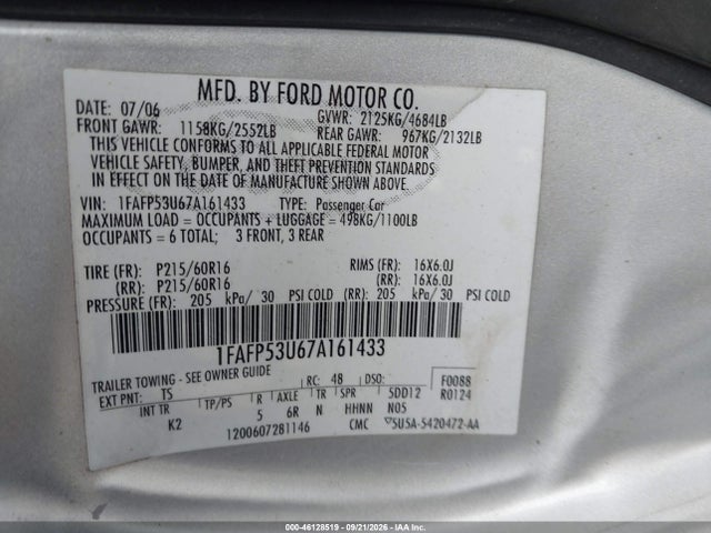 Продаж на аукціоні авто 2007 Ford Taurus Se, vin: 1FAFP53U67A161433, номер лоту: 46128519