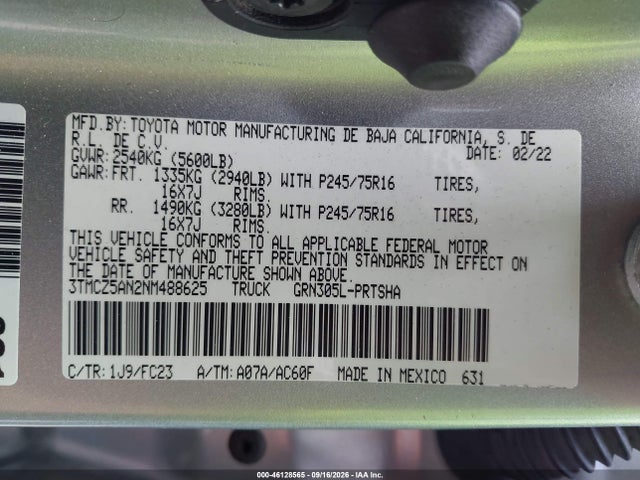 46128565 :رقم المزاد ، 3TMCZ5AN2NM488625 vin ، 2022 Toyota Tacoma Sr5 V6 مزاد بيع