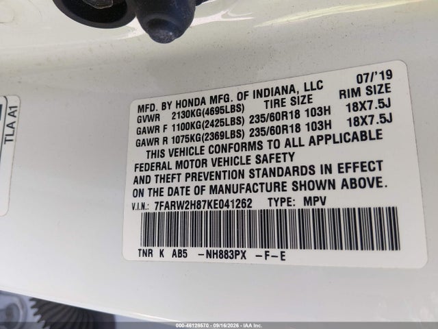 Продажа на аукционе авто 2019 Honda Cr-v Ex-l, vin: 7FARW2H87KE041262, номер лота: 46128570