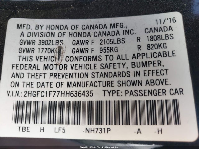 Продажа на аукционе авто 2017 Honda Civic Ex-l, vin: 2HGFC1F77HH636435, номер лота: 46128593