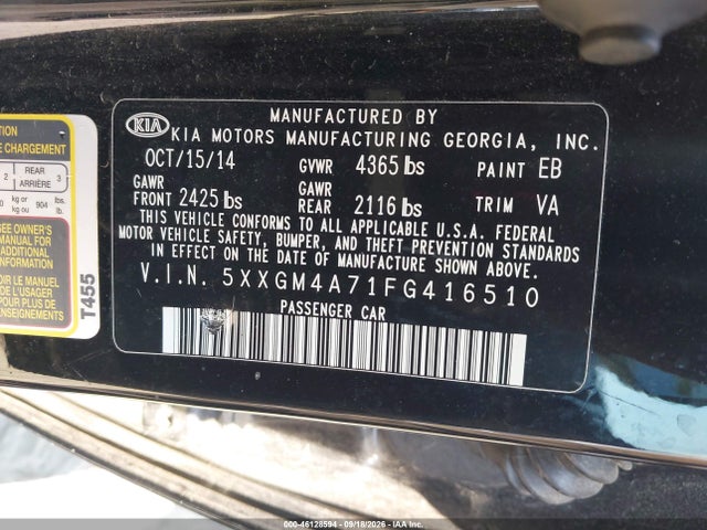 Aukcja sprzedaży 2015 Kia Optima Lx, vin: 5XXGM4A71FG416510, numer aukcji: 46128594