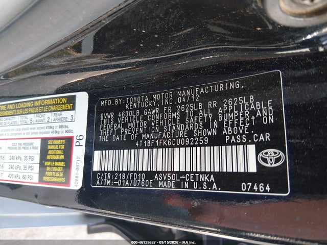 Aukcja sprzedaży 2012 Toyota Camry Le, vin: 4T1BF1FK6CU092259, numer aukcji: 46128627