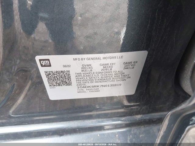 2022 Cadillac Ct4 Luxury მანქანა იყიდება აუქციონზე, vin: 1G6DK5RK7N0135919, აუქციონის ნომერი: 46128629