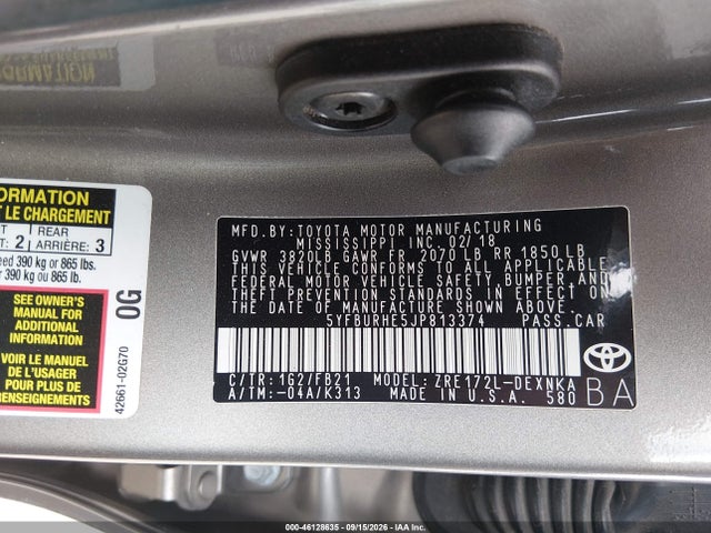 Продаж на аукціоні авто 2018 Toyota Corolla Le, vin: 5YFBURHE5JP813374, номер лоту: 46128635