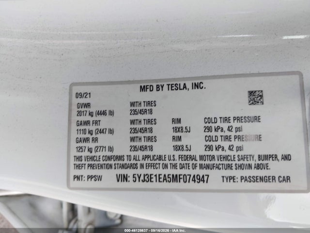 Tesla Model 3 Standard Range Plus Rear-wheel Drive 2021 5YJ3E1EA5MF074947 Image 9