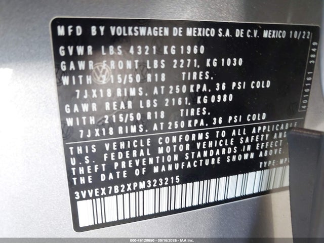 Aukcja sprzedaży 2023 Volkswagen Taos 1.5t Se, vin: 3VVEX7B2XPM323215, numer aukcji: 46128650
