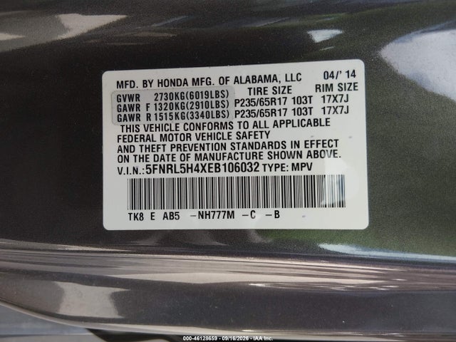 Aukcja sprzedaży 2014 Honda Odyssey Ex, vin: 5FNRL5H4XEB106032, numer aukcji: 46128659