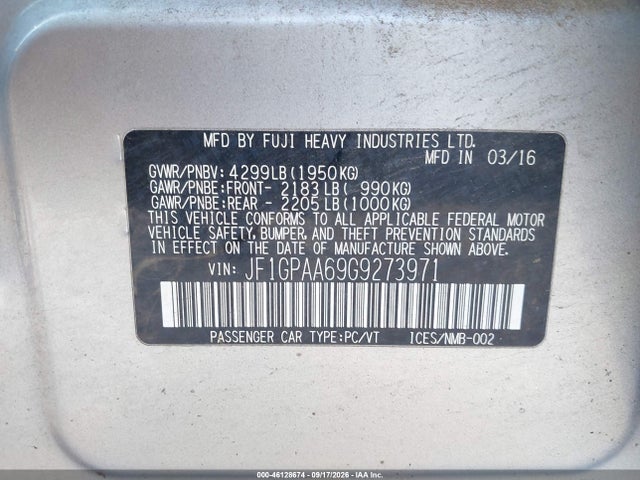 Продаж на аукціоні авто 2016 Subaru Impreza 2.0i, vin: JF1GPAA69G9273971, номер лоту: 46128674