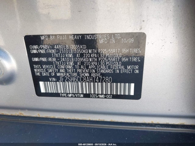 2010 Subaru Forester 2.5x Premium მანქანა იყიდება აუქციონზე, vin: JF2SH6CC8AH747280, აუქციონის ნომერი: 46128685