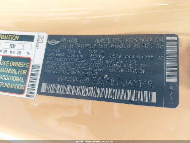 Aukcja sprzedaży 2008 Mini Cooper, vin: WMWMF33548TU68149, numer aukcji: 46128696