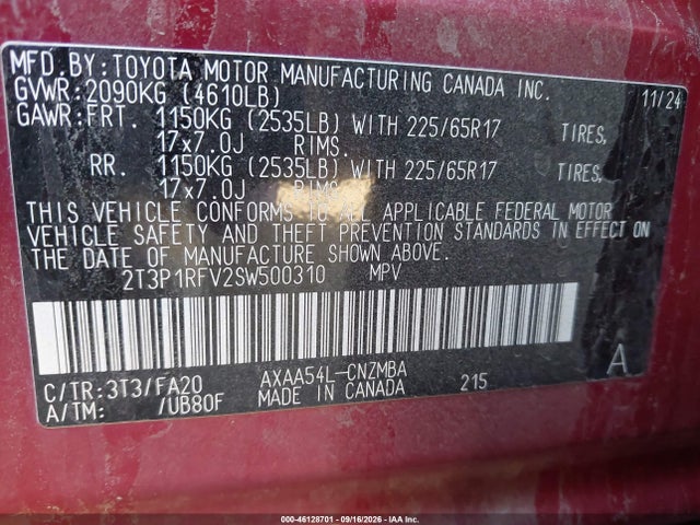 46128701 :رقم المزاد ، 2T3P1RFV2SW500310 vin ، 2025 Toyota Rav4 Xle مزاد بيع