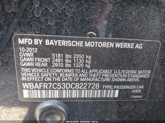 Продаж на аукціоні авто 2013 Bmw 535i, vin: WBAFR7C53DC822728, номер лоту: 46128708