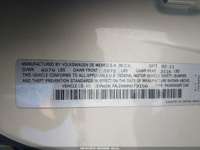 Продажа на аукционе авто 2011 Volkswagen Jetta 2.0l S, vin: 3VW2K7AJ9BM073156, номер лота: 46128710