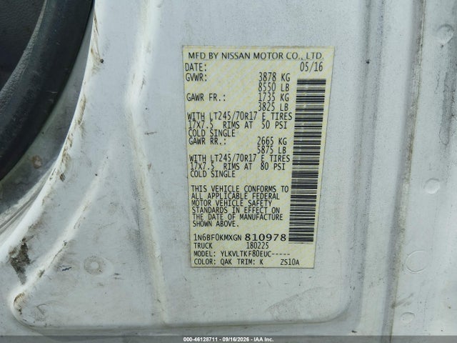 Aukcja sprzedaży 2016 Nissan Nv Cargo Nv1500 Sv V6, vin: 1N6BF0KMXGN810978, numer aukcji: 46128711