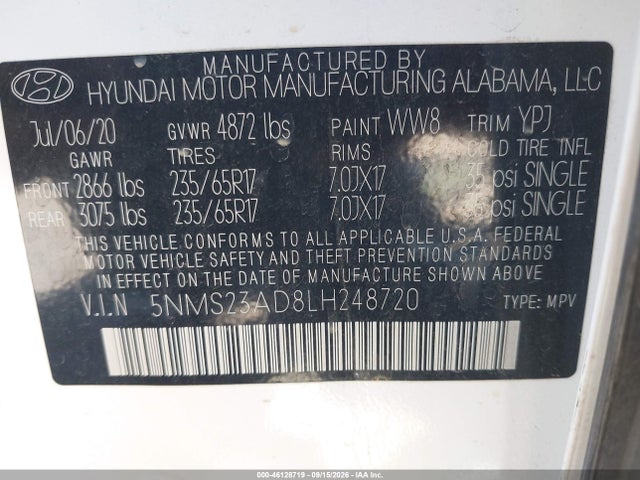 2020 Hyundai Santa Fe Se მანქანა იყიდება აუქციონზე, vin: 5NMS23AD8LH248720, აუქციონის ნომერი: 46128719