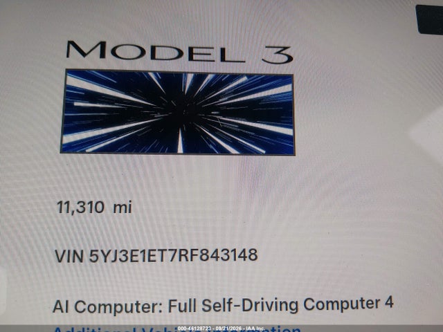 2024 Tesla Model 3 Performance All-wheel Drive მანქანა იყიდება აუქციონზე, vin: 5YJ3E1ET7RF843148, აუქციონის ნომერი: 46128723
