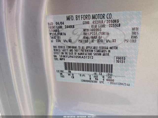 46128740 :رقم المزاد ، 1FMYU94105KA51312 vin ، 2005 Ford Escape Limited مزاد بيع
