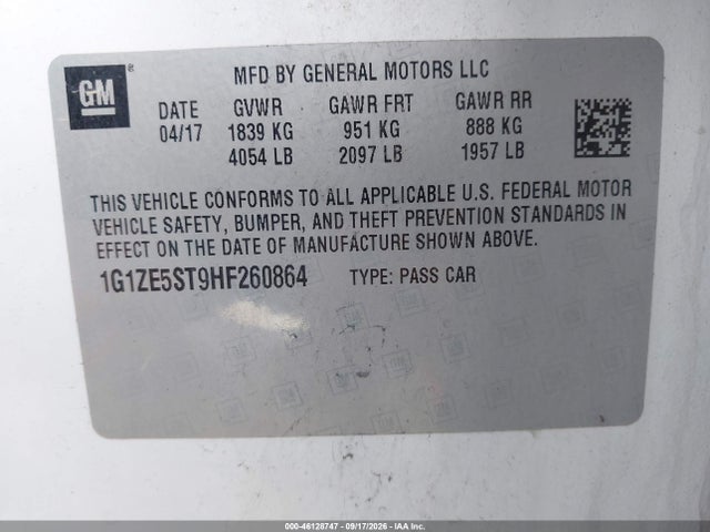 46128747 :رقم المزاد ، 1G1ZE5ST9HF260864 vin ، 2017 Chevrolet Malibu 1lt مزاد بيع