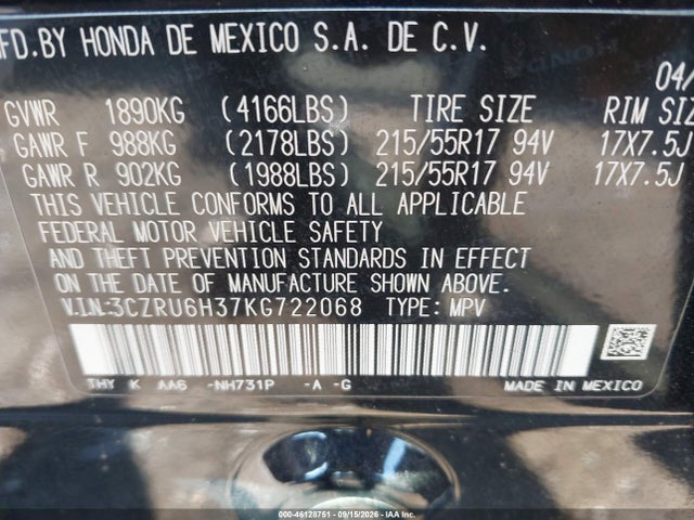 2019 Honda Hr-v Lx მანქანა იყიდება აუქციონზე, vin: 3CZRU6H37KG722068, აუქციონის ნომერი: 46128751