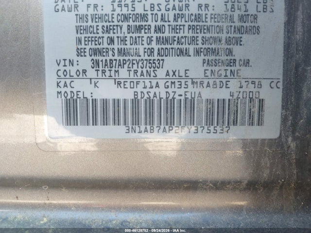 46128752 :رقم المزاد ، 3N1AB7AP2FY375537 vin ، 2015 Nissan Sentra Sv مزاد بيع
