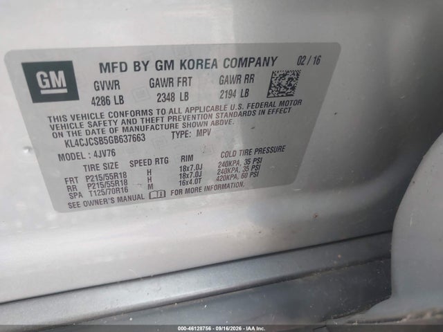 Продаж на аукціоні авто 2016 Buick Encore Leather, vin: KL4CJCSB5GB637663, номер лоту: 46128756