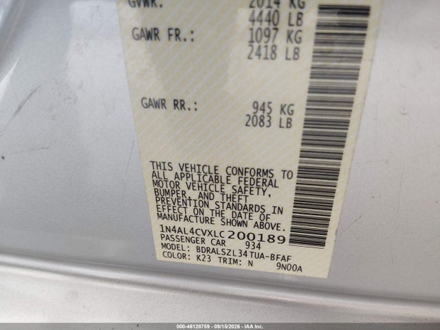 Продаж на аукціоні авто 2020 Nissan Altima Sr Vc-turbo Fwd, vin: 1N4AL4CVXLC200189, номер лоту: 46128759