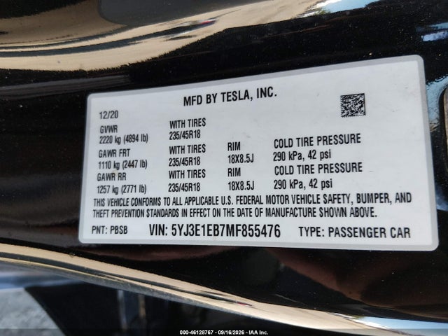 Продажа на аукционе авто 2021 Tesla Model 3 Long Range Dual Motor All-wheel Drive, vin: 5YJ3E1EB7MF855476, номер лота: 46128767