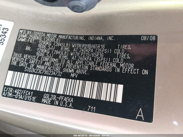 Продажа на аукционе авто 2009 Toyota Sienna Le, vin: 5TDZK23C79S234732, номер лота: 46128770