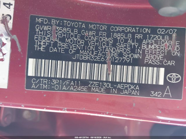 Продаж на аукціоні авто 2007 Toyota Corolla Ce, vin: JTDBR32E670127791, номер лоту: 46128784