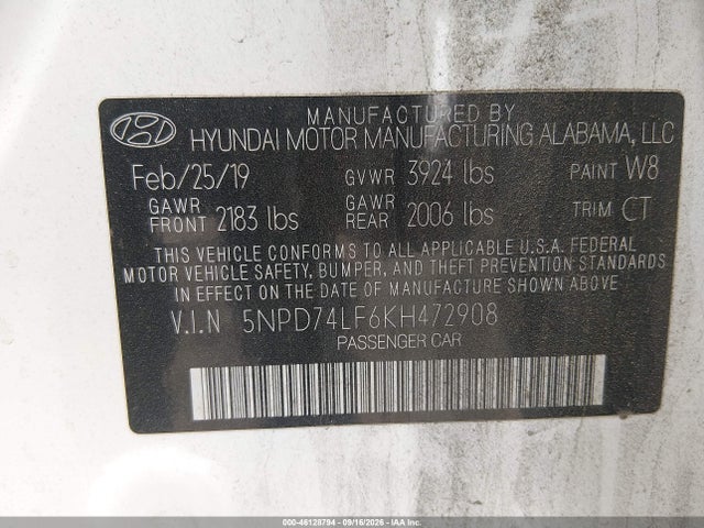Продаж на аукціоні авто 2019 Hyundai Elantra Se, vin: 5NPD74LF6KH472908, номер лоту: 46128794
