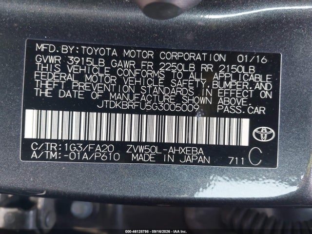 Aukcja sprzedaży 2016 Toyota Prius Two, vin: JTDKBRFU5G3005009, numer aukcji: 46128798