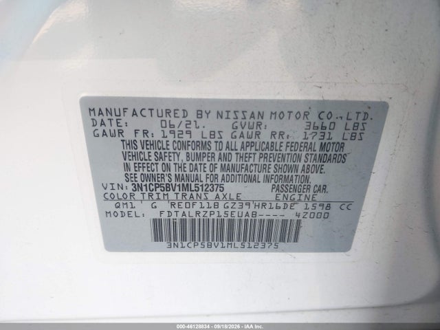 2021 Nissan Kicks S Xtronic Cvt მანქანა იყიდება აუქციონზე, vin: 3N1CP5BV1ML512375, აუქციონის ნომერი: 46128834