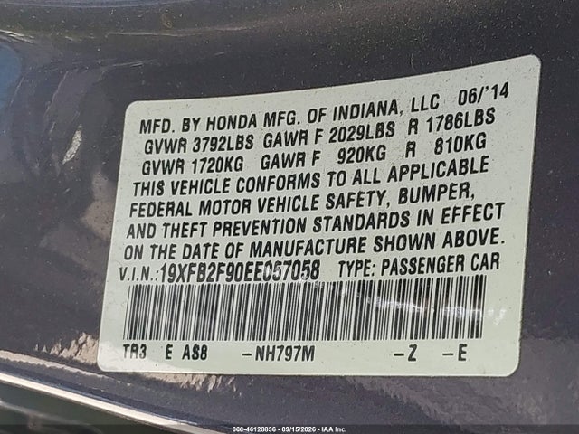 46128836 :رقم المزاد ، 19XFB2F90EE057058 vin ، 2014 Honda Civic Ex-l مزاد بيع