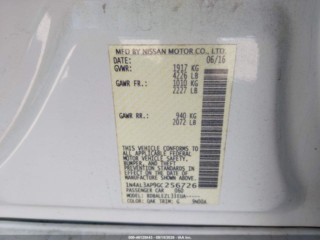 46128843 :رقم المزاد ، 1N4AL3AP9GC256726 vin ، 2016 Nissan Altima 2.5/2.5 S/2.5 Sl/2.5 Sr/2.5 Sv مزاد بيع