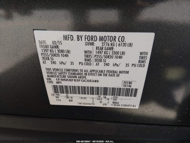 2015 Ford Explorer Limited მანქანა იყიდება აუქციონზე, vin: 1FM5K8F83FGC05349, აუქციონის ნომერი: 46128847