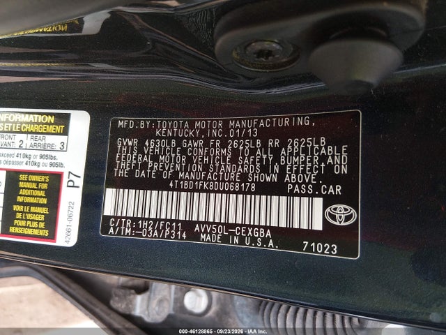 2013 Toyota Camry Hybrid/le/xle მანქანა იყიდება აუქციონზე, vin: 4T1BD1FK8DU068178, აუქციონის ნომერი: 46128865