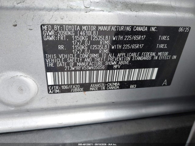 2025 Toyota Rav4 Xle მანქანა იყიდება აუქციონზე, vin: 2T3W1RFV5SW405056, აუქციონის ნომერი: 46128871