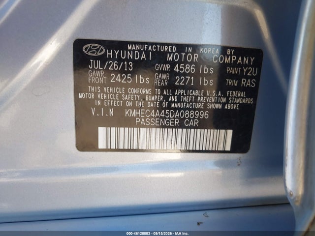 Продажа на аукционе авто 2013 Hyundai Sonata Hybrid, vin: KMHEC4A45DA088996, номер лота: 46128883