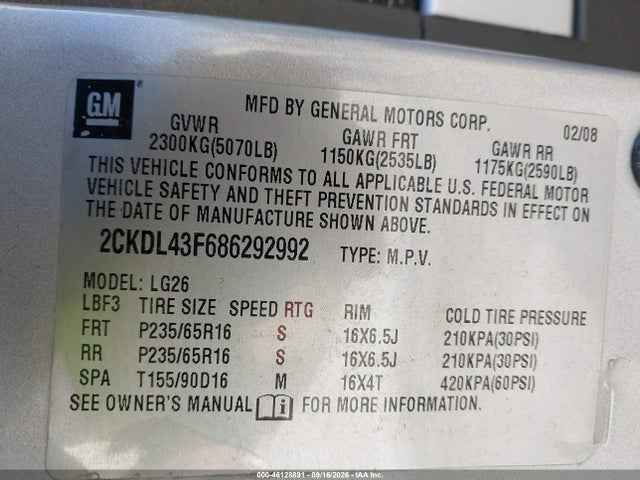 Aukcja sprzedaży 2008 Pontiac Torrent, vin: 2CKDL43F686292992, numer aukcji: 46128891