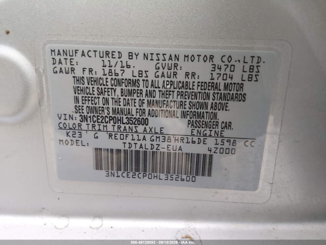 Продажа на аукционе авто 2017 Nissan Versa Note Sv, vin: 3N1CE2CP0HL352600, номер лота: 46128893